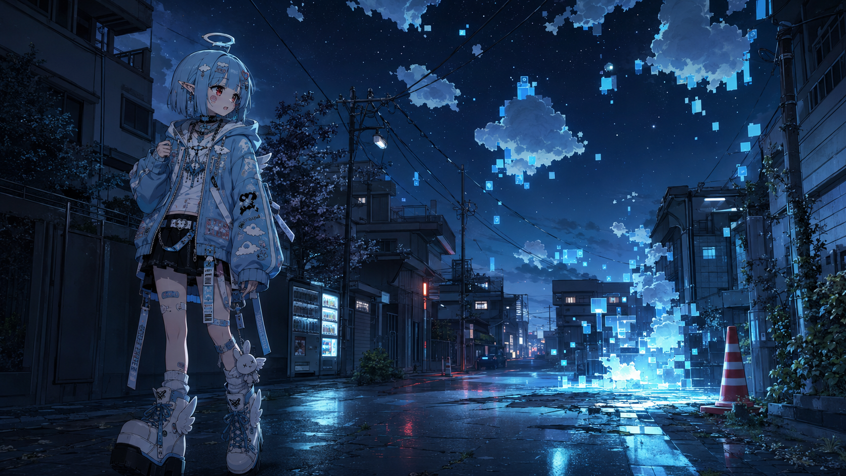 グリッチが降る夜の街